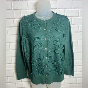 ANN TAYLOR green Embroireded Cardigan with Textured Floral Design/size L
